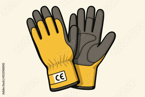 Industrial safety work gloves vector illustration. Pair of yellow and grey protective gloves for construction workers. Personal Protective Equipment (PPE) with CE marking certificate.