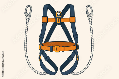 Safety harness vector illustration. Fall protection personal protective equipment (PPE). Industrial safety gear for working at height. Construction fall arrest system with lanyard.