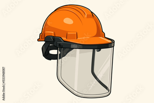 Industrial safety gear vector illustration. Orange hard hat helmet with clear face shield visor for head and face protection. Personal protective equipment (PPE) concept for work.