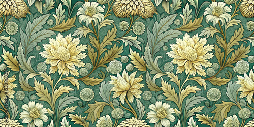 Intricate floral pattern in soothing green and beige tones.