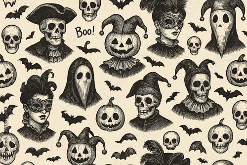 Vintage Halloween masquerade seamless pattern. Creepy carnival characters in engraving style. Spooky vector background with skeleton jester, plague doctor, pumpkin, and bats.