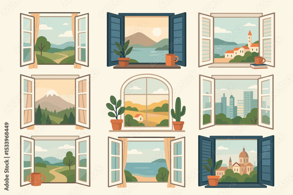 Collection of open windows with scenic views. Vector illustration set with diverse landscapes. Cityscape, sea, mountain, and countryside scenes. Home, travel, and vacation concept. Collection of open windows with scenic views. Vector illustration set with diverse landscapes. Cityscape, sea, mountain, and countryside scenes. Home, travel, and vacation concept.