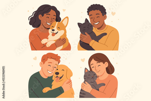 Set of happy diverse people cuddling pets. Men and women owners hugging cute cats and dogs with love. Multicultural characters show affection for animal friends. Human bond. Vector.