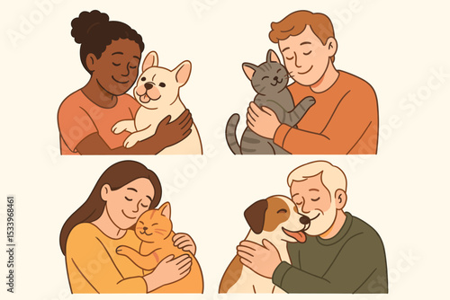 Vector set of diverse people cuddling with pets. Man, woman, senior showing love and affection to a cute dog and cat. Human and animal friendship, care and companionship concept.