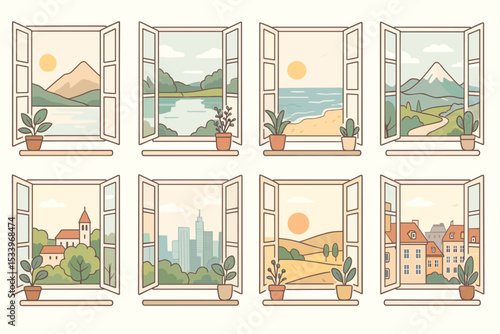 Open window view collection. Set of various scenic landscapes: city, mountain, sea, town, countryside. Houseplant on windowsill. Flat line art vector illustration for travel concept.