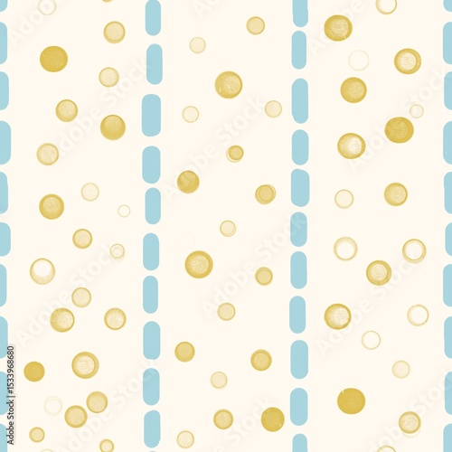 Seamless pattern with yellow polka dots and light blue stripes on beige background