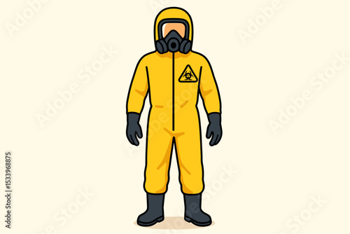 Man in yellow hazmat suit with biohazard symbol. Worker in full body protective chemical gear, PPE. Concept for virus, pandemic, quarantine, radioactive danger, safety. Vector.