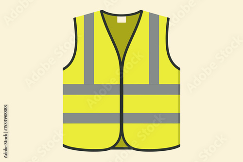 Reflective safety vest vector illustration. High visibility yellow waistcoat. Workwear for construction worker. Road work uniform and protective clothing. PPE icon isolated.