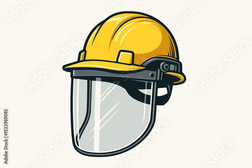 Safety helmet with face shield vector icon. Yellow hard hat for construction worker. Industrial personal protective equipment PPE. Head and face protection gear for workplace safety.