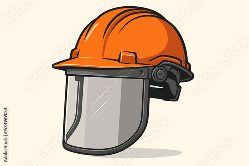 Industrial safety hard hat with face shield vector illustration. Personal Protective Equipment concept. PPE for construction worker. Workplace safety gear. Orange helmet icon symbol.