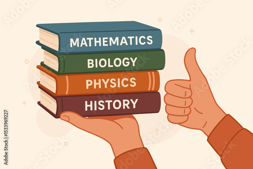 Hand holds educational books stack. Thumbs up gesture for approval. School subjects like Mathematics, Biology, Physics, History. Learning, knowledge and study vector concept for success.