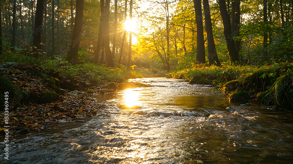 Fototapeta premium Forest creek in warm sunlight