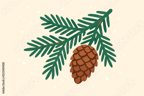 Evergreen pine branch with a pinecone. Christmas winter holiday illustration. Fir tree twig with falling snow. Festive botanical design element isolated on a light background.