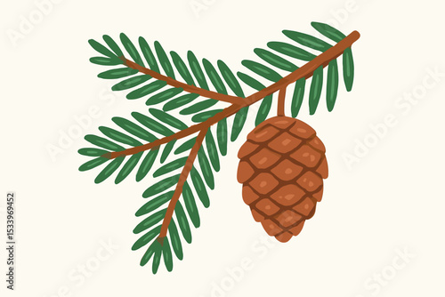 Hand-drawn evergreen fir branch with pinecone. Vector illustration for Christmas and New Year. Winter holiday decoration element. Botanical forest nature design clipart isolated.