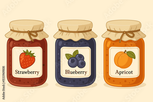 Vector set of homemade fruit jam jars. Strawberry, blueberry, apricot preserves in glass containers with rustic lids. Sweet food illustration for canning, pantry, breakfast concept.