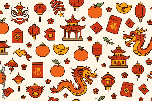 Chinese New Year seamless pattern with traditional Asian symbols. Lunar New Year vector background. Cartoon holiday illustration with dragon, lantern, red envelope, pagoda, and lucky money.