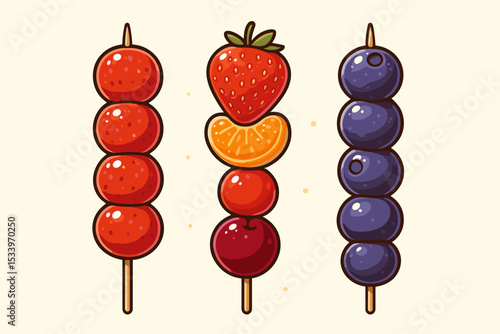 Tanghulu fruit skewers set vector illustration. Traditional Chinese street food snack with candied hawthorn, strawberry, blueberry, orange, and cherry on a stick. Asian dessert.