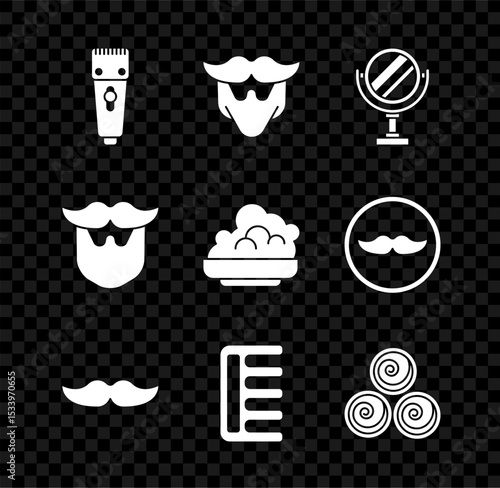 Set Electrical hair clipper or shaver, Mustache and beard, Round makeup mirror, Hairbrush, Towel rolls, and Shaving gel foam icon. Vector