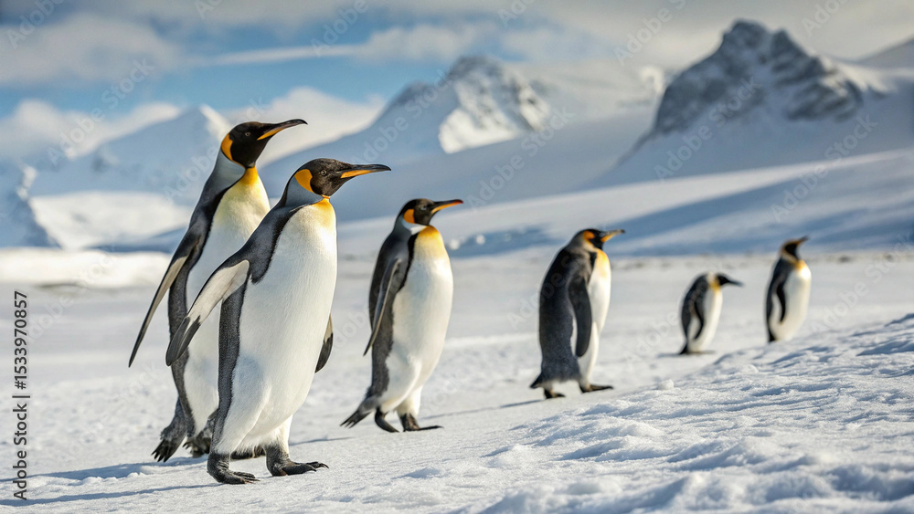 Obraz premium Majestic king penguins walking in a snowy antarctic landscape