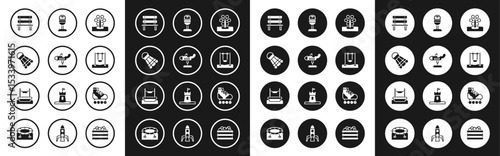 Set Ferris wheel, Swing plane, Badminton shuttlecock, Bench, Trash can, Roller skate and Bungee icon. Vector