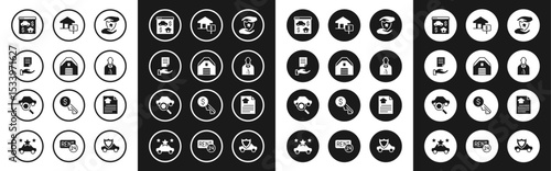 Set House with shield, Garage, contract, Online real estate, Realtor, dollar, and Car sharing icon. Vector