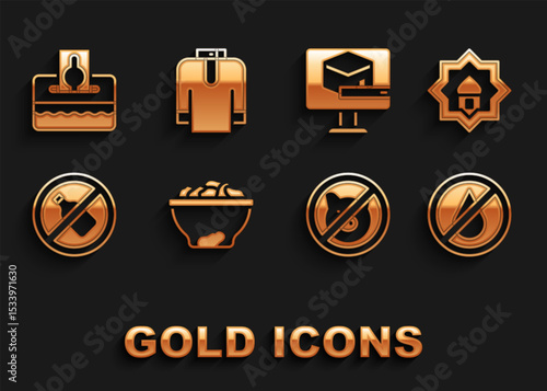 Set Date fruit in bowl, Muslim Mosque, No water, pig, alcohol, Kaaba mosque, Donate or pay your zakat and Shirt kurta icon. Vector