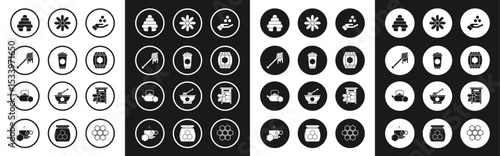 Set Honeycomb and hand, Cup of tea with honey, dipper stick dripping, Hive for bees, Wooden barrel, Flower, and Tea kettle icon. Vector