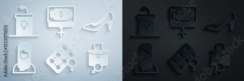 Set Packaging of birth control pills, Woman shoe, Muslim woman hijab, Work for female, Money growth and Debate podium rostrum icon. Vector