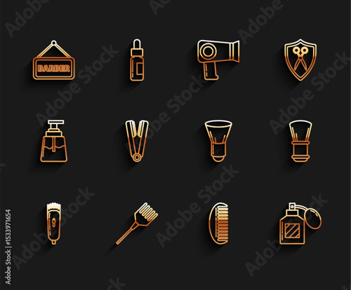Set line Electrical hair clipper or shaver, Hairbrush, Barbershop, Aftershave, Curling iron for, Shaving and icon. Vector