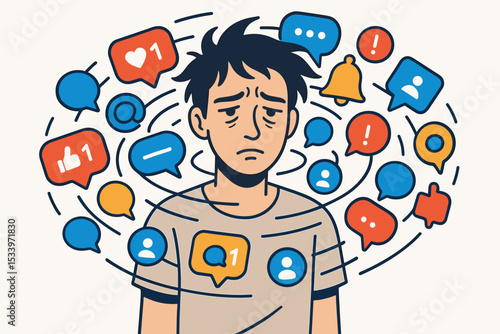 Stressed man surrounded by social media icons overwhelmed by mental health pressure