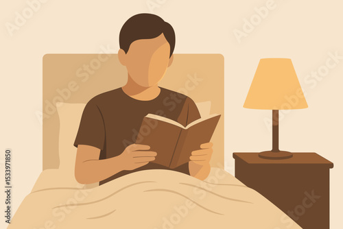 Person reading book in bed under warm lamp as part of mental health bedtime routine