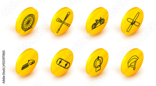 Set line Bicycle helmet, Aqualung, Skateboard trick, Snowmobile, Ski and sticks, Crossed paddle and wheel icon. Vector