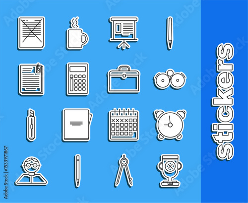 Set line Award cup, schedule, chart, diagram, infographic, pie graph, Calculator, File document and paper clip, Exam incorrect answers survey and Briefcase icon. Vector