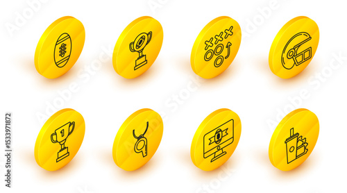 Set line American Football ticket and paper glass soda with drinking straw, football on tv program, Whistle, Award cup, helmet, Planning strategy concept, and icon. Vector