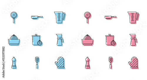 Set line Pepper, Spatula, Frying pan, Oven glove, Cooking pot and kitchen timer, Measuring cup, Citrus fruit juicer and icon. Vector
