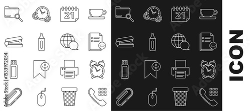 Set line Telephone handset, Alarm clock, Document with minus, Calendar, Marker pen, Office stapler, Search concept folder and World map made from speech bubble icon. Vector