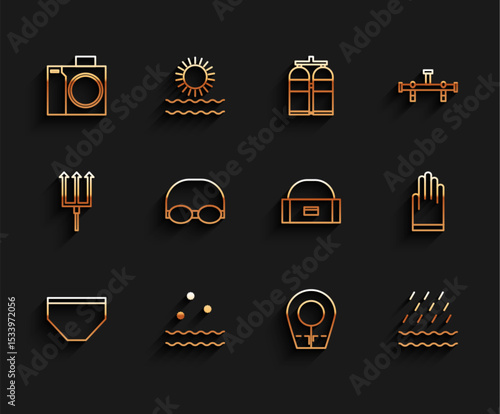 Set line Swimming trunks, Cold and waves, Photo camera for diver, Diving hood, Rain, Glasses cap swimming, Gloves and Case box container wobbler icon. Vector