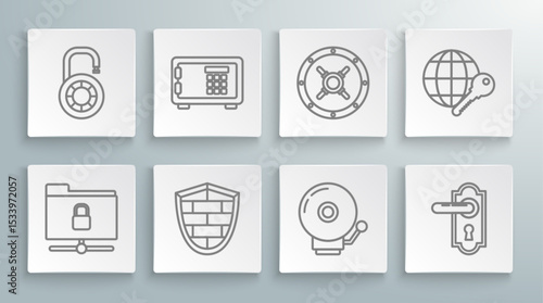 Set line FTP folder and lock, Safe, Shield with cyber security brick wall, Ringing alarm bell, Door handle, Globe key and combination wheel icon. Vector