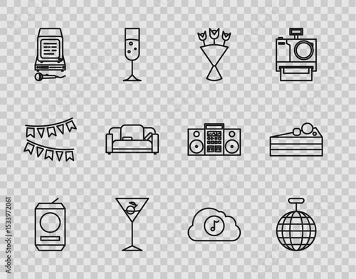 Set line Beer can, Disco ball, Bouquet of flowers, Martini glass, Karaoke, Sofa, Music streaming service and Cake icon. Vector