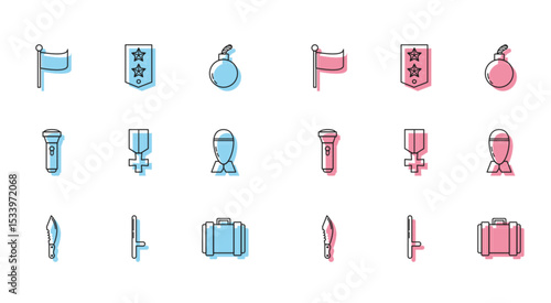 Set line Military knife, Police rubber baton, Flag, ammunition box, reward medal, Aviation bomb, Flashlight and Chevron icon. Vector