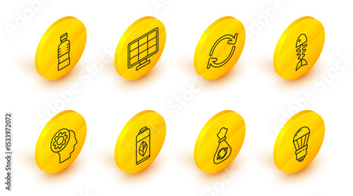 Set line LED light bulb, Garbage bag with recycle, Recycling plastic bottle, Human head gear inside, Fish skeleton, Refresh, Solar energy panel and Bottle of water icon. Vector