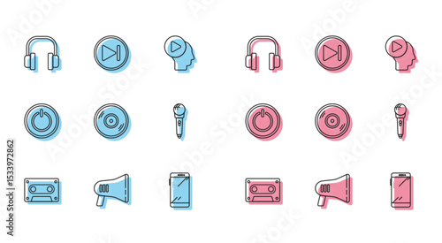 Set line Retro audio cassette tape, Megaphone, Headphones, Smartphone, mobile, Vinyl disk, Microphone, Power button and Fast forward icon. Vector