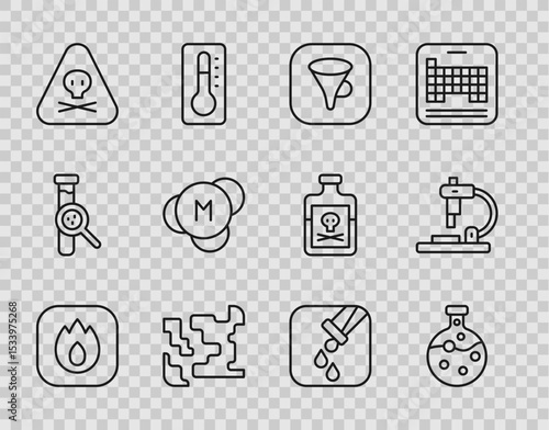 Set line Fire flame, Test tube and flask, Funnel or filter, Gaseous, Triangle warning toxic, Molecule, and Microscope icon. Vector