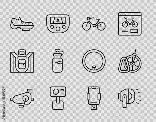 Set line Bicycle pedals, head lamp, Action extreme camera, shoes, Sport bottle with water, Mobile holder and parking icon. Vector