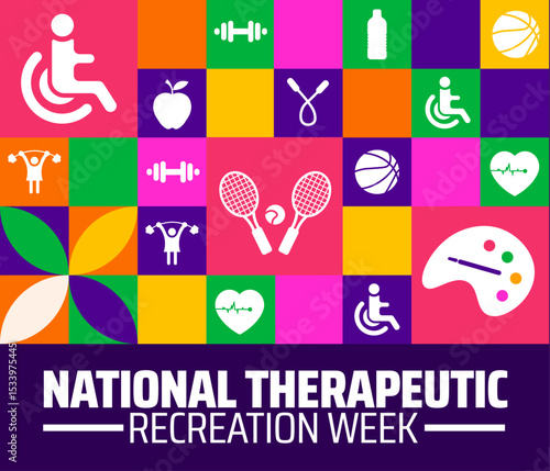 National therapeutic recreation week Geometric shape pattern banner or poster design template. observed every year in july. Holiday concept. Use to any Template, card, poster, placard, template.