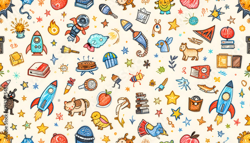 Colorful hand-drawn doodle pattern with rockets, books, and monsters