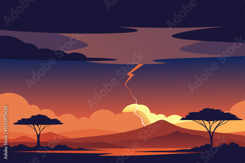 Vector illustration of African savannah landscape with lightning storm at sunset