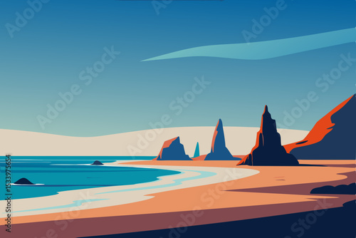 Vector illustration of a beach landscape with rock formations