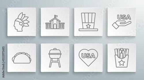 Set line Taco with tortilla, United States Capitol Congress, Barbecue grill, USA Independence day, Potatoes french fries in box, Patriotic American top hat, and Native Indian icon. Vector