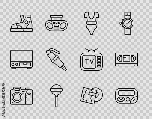 Set line Photo camera, Pager, Swimsuit, Lollipop, Sport sneakers, Fountain pen nib, Vinyl disk and VHS video cassette tape icon. Vector